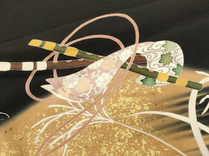 平和屋着物■豪華黒留袖　駒刺繍　地紙横笛草花文　暈し染め　金彩　正絹　逸品　CABH9565ev