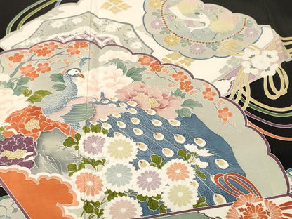 平和屋着物■豪華黒留袖　檜扇孔雀花文　尾長鳥文　正絹　逸品　CABH9572ev
