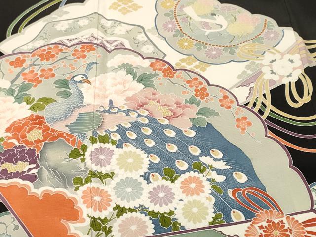 平和屋着物■豪華黒留袖　檜扇孔雀花文　尾長鳥文　正絹　逸品　CABH9572ev