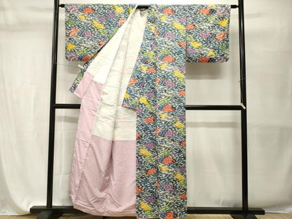 平和屋着物■上質な小紋　紬地　型染め　笹梅花文　正絹　逸品　CABH9584ev