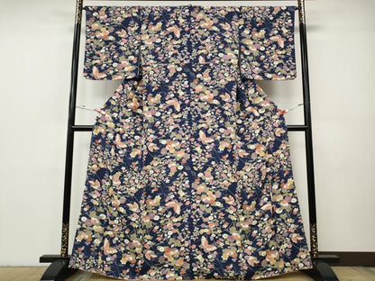 平和屋着物●上質な小紋　花蝶文　金彩　鬼しぼ縮緬　正絹　逸品　CABH9619ut
