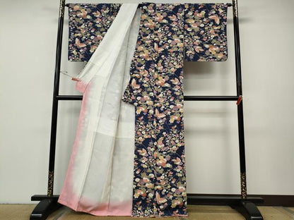 平和屋着物●上質な小紋　花蝶文　金彩　鬼しぼ縮緬　正絹　逸品　CABH9619ut