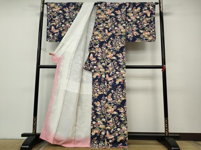 平和屋着物●上質な小紋　花蝶文　金彩　鬼しぼ縮緬　正絹　逸品　CABH9619ut