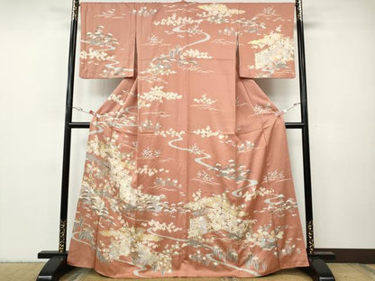平和屋着物●訪問着　駒刺繍　屏風草花文　金彩　正絹　逸品　CABH9628ut