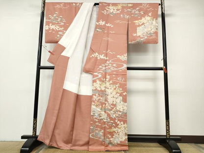 平和屋着物●訪問着　駒刺繍　屏風草花文　金彩　正絹　逸品　CABH9628ut
