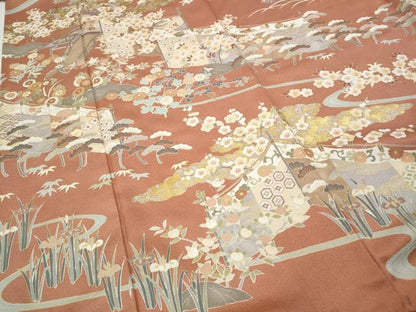 平和屋着物●訪問着　駒刺繍　屏風草花文　金彩　正絹　逸品　CABH9628ut
