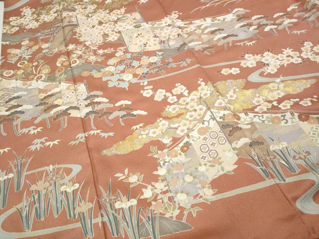 平和屋着物●訪問着　駒刺繍　屏風草花文　金彩　正絹　逸品　CABH9628ut