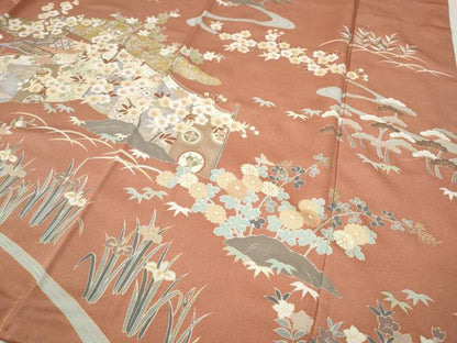 平和屋着物●訪問着　駒刺繍　屏風草花文　金彩　正絹　逸品　CABH9628ut