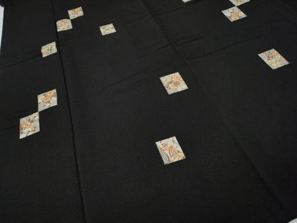 平和屋着物●上質な小紋　色紙草花文　黒地　金彩　小田急百貨店扱い　正絹　逸品　CABH9634ut