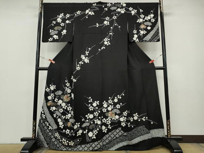 平和屋着物●訪問着　絞り　刺繍　地紙枝花文　黒地　金銀彩　正絹　逸品　CABH9636ut