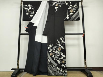 平和屋着物●訪問着　絞り　刺繍　地紙枝花文　黒地　金銀彩　正絹　逸品　CABH9636ut