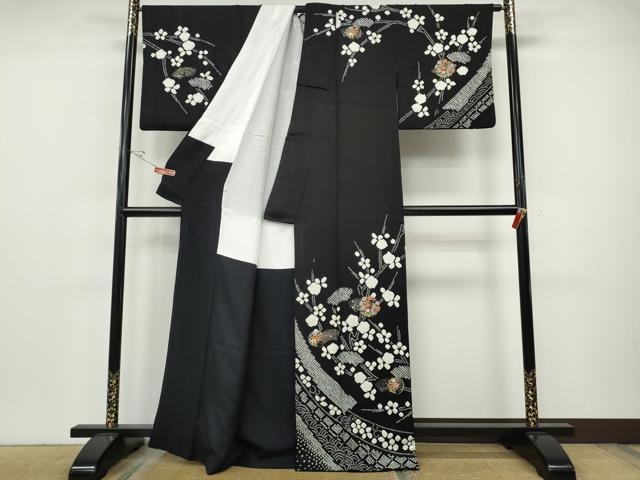 平和屋着物●訪問着　絞り　刺繍　地紙枝花文　黒地　金銀彩　正絹　逸品　CABH9636ut