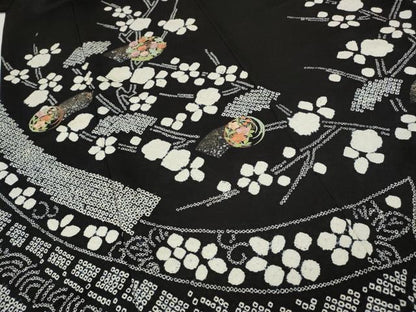 平和屋着物●訪問着　絞り　刺繍　地紙枝花文　黒地　金銀彩　正絹　逸品　CABH9636ut