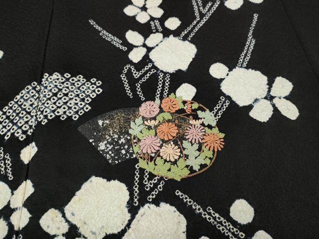 平和屋着物●訪問着　絞り　刺繍　地紙枝花文　黒地　金銀彩　正絹　逸品　CABH9636ut