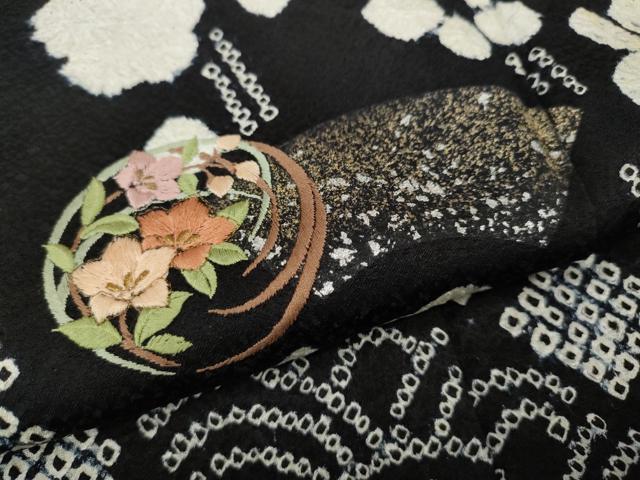 平和屋着物●訪問着　絞り　刺繍　地紙枝花文　黒地　金銀彩　正絹　逸品　CABH9636ut