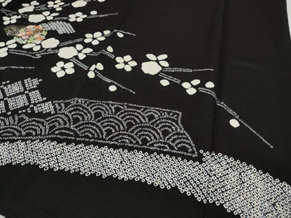 平和屋着物●訪問着　絞り　刺繍　地紙枝花文　黒地　金銀彩　正絹　逸品　CABH9636ut