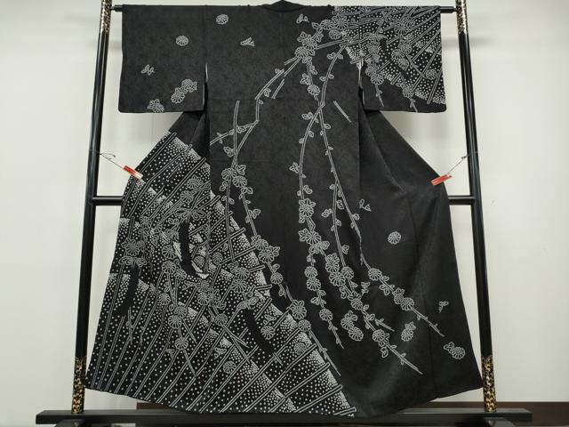 平和屋着物●訪問着　総絞り　枝垂れ花文　黒地　正絹　逸品　CABH9642ut