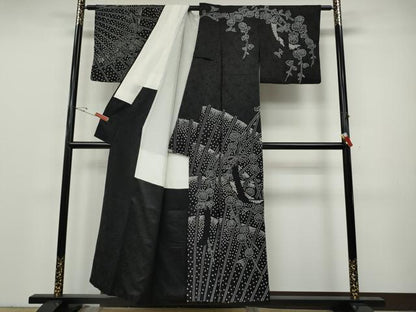 平和屋着物●訪問着　総絞り　枝垂れ花文　黒地　正絹　逸品　CABH9642ut