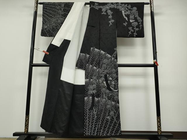 平和屋着物●訪問着　総絞り　枝垂れ花文　黒地　正絹　逸品　CABH9642ut