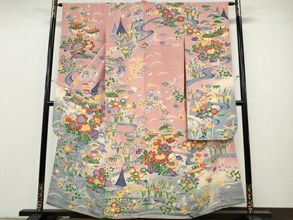 平和屋着物●豪華振袖　型染め　流水風景草花文　暈し染め　鬼しぼ縮緬　正絹　逸品　CABH9643ut