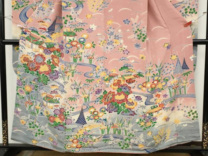 平和屋着物●豪華振袖　型染め　流水風景草花文　暈し染め　鬼しぼ縮緬　正絹　逸品　CABH9643ut
