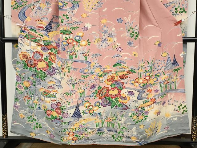 平和屋着物●豪華振袖　型染め　流水風景草花文　暈し染め　鬼しぼ縮緬　正絹　逸品　CABH9643ut