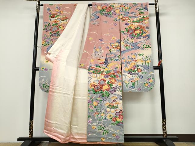 平和屋着物●豪華振袖　型染め　流水風景草花文　暈し染め　鬼しぼ縮緬　正絹　逸品　CABH9643ut