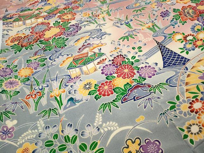 平和屋着物●豪華振袖　型染め　流水風景草花文　暈し染め　鬼しぼ縮緬　正絹　逸品　CABH9643ut