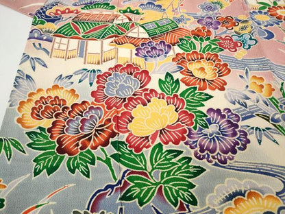平和屋着物●豪華振袖　型染め　流水風景草花文　暈し染め　鬼しぼ縮緬　正絹　逸品　CABH9643ut