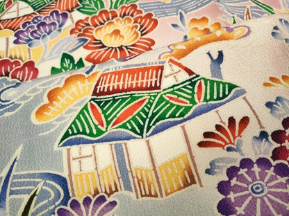 平和屋着物●豪華振袖　型染め　流水風景草花文　暈し染め　鬼しぼ縮緬　正絹　逸品　CABH9643ut