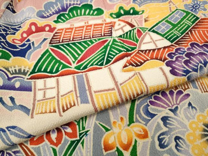 平和屋着物●豪華振袖　型染め　流水風景草花文　暈し染め　鬼しぼ縮緬　正絹　逸品　CABH9643ut