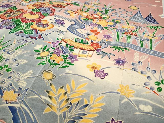 平和屋着物●豪華振袖　型染め　流水風景草花文　暈し染め　鬼しぼ縮緬　正絹　逸品　CABH9643ut