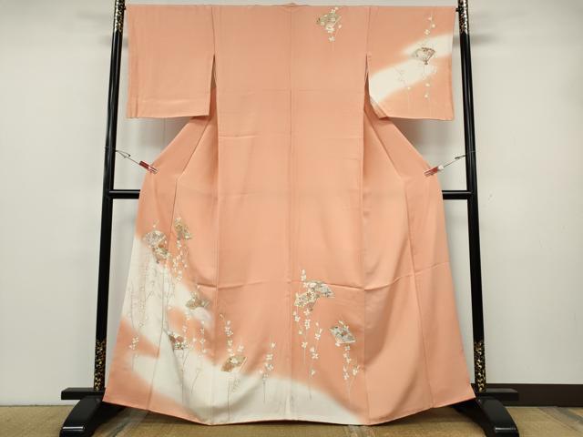 平和屋着物●訪問着　駒刺繍　扇面枝花文　暈し染め　金彩　正絹　逸品　CABH9645ut