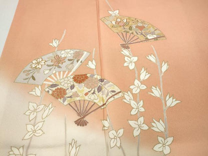 平和屋着物●訪問着　駒刺繍　扇面枝花文　暈し染め　金彩　正絹　逸品　CABH9645ut