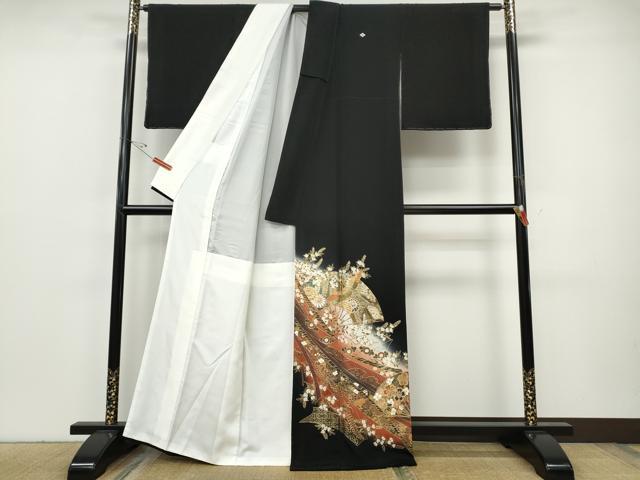 平和屋着物●豪華黒留袖　扇面鳳凰熨斗花文　暈し染め　金銀彩　正絹　逸品　CABH9649ut