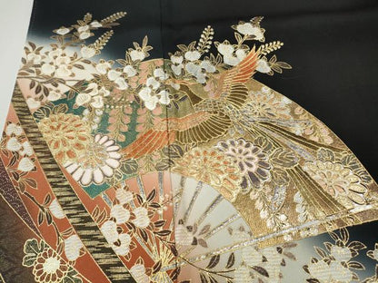 平和屋着物●豪華黒留袖　扇面鳳凰熨斗花文　暈し染め　金銀彩　正絹　逸品　CABH9649ut