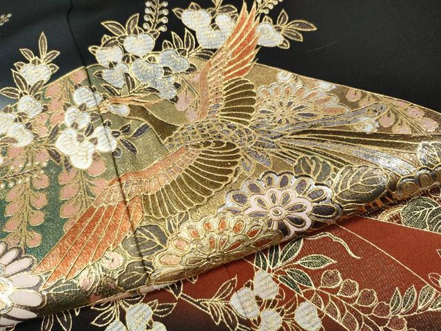 平和屋着物●豪華黒留袖　扇面鳳凰熨斗花文　暈し染め　金銀彩　正絹　逸品　CABH9649ut