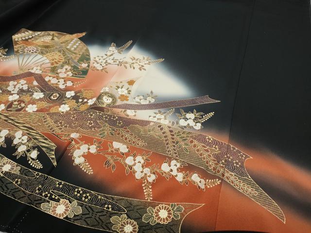 平和屋着物●豪華黒留袖　扇面鳳凰熨斗花文　暈し染め　金銀彩　正絹　逸品　CABH9649ut