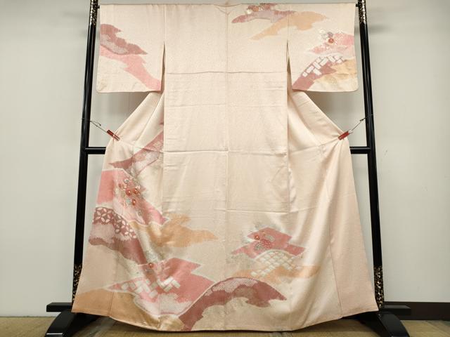 平和屋着物●訪問着　駒刺繍　絞り　松皮菱花文　金彩　正絹　逸品　CABH9656ut