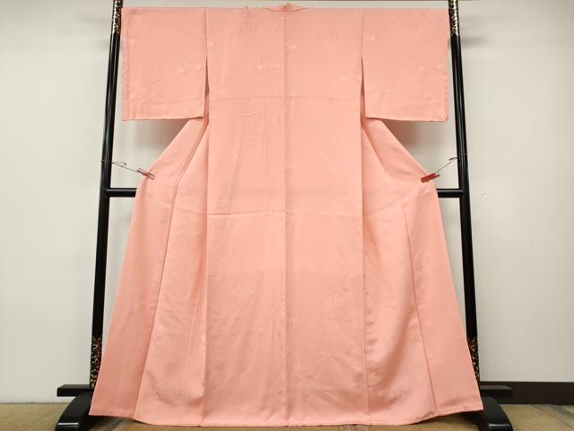 平和屋着物●上質な色無地　雪輪草花地紋　珊瑚色　正絹　逸品　CABH9664ut