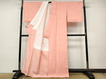 平和屋着物●上質な色無地　雪輪草花地紋　珊瑚色　正絹　逸品　CABH9664ut