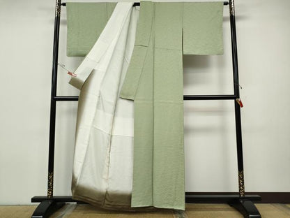 平和屋着物●上質な色無地　青海波地紋　山葵色　正絹　逸品　CABH9675ut