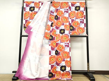 平和屋着物●小振袖　二尺袖　市松舞花文　洗える着物　未使用　CABH9689ut