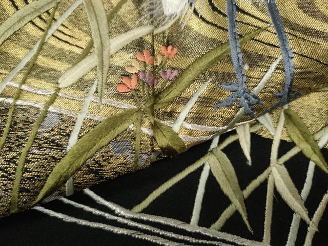 平和屋着物●豪華黒留袖　寿光織　鷺　流水草花文　金銀糸　正絹　逸品　CABH9714ut