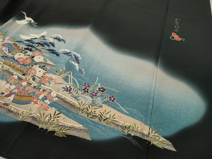 平和屋着物●豪華黒留袖　加賀特選　飛鶴風景草花文　暈し染め　正絹　逸品　CABH9715ut