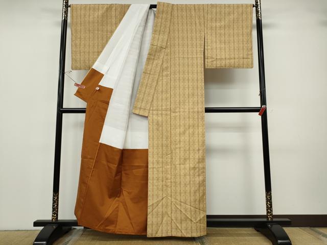 平和屋着物●上質な紬　花織　格子吉祥文　正絹　逸品　CABH9716ut