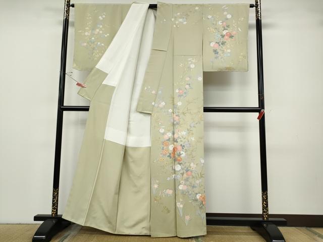 平和屋着物●十日町友禅作家　松雨　訪問着　駒刺繍　草花文　金銀彩　正絹　逸品　未使用　CABH9718ut