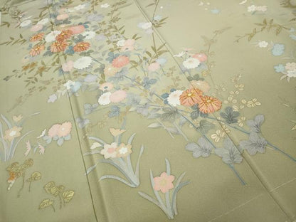 平和屋着物●十日町友禅作家　松雨　訪問着　駒刺繍　草花文　金銀彩　正絹　逸品　未使用　CABH9718ut