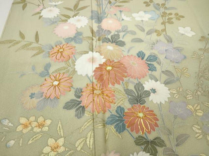平和屋着物●十日町友禅作家　松雨　訪問着　駒刺繍　草花文　金銀彩　正絹　逸品　未使用　CABH9718ut