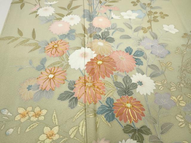 平和屋着物●十日町友禅作家　松雨　訪問着　駒刺繍　草花文　金銀彩　正絹　逸品　未使用　CABH9718ut